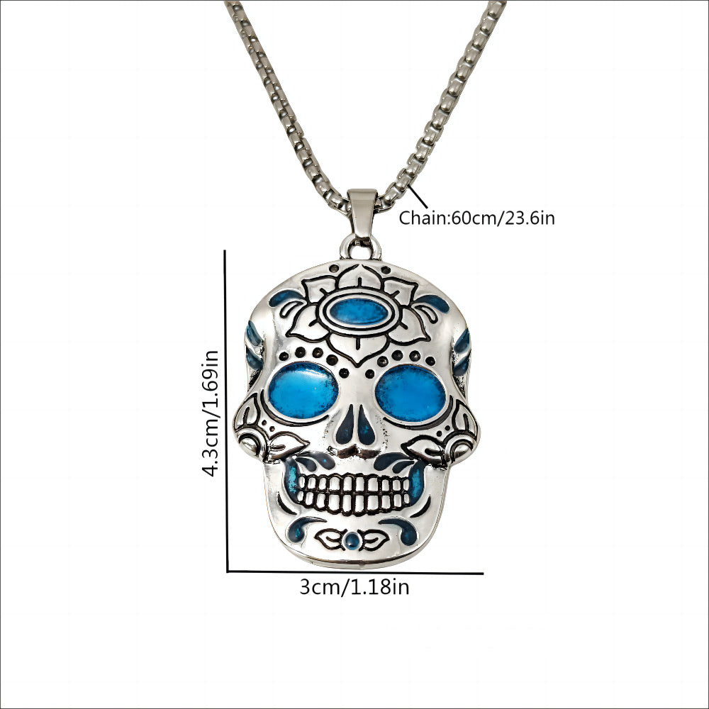 Halloween Luminous Skull Necklace With Day Of The Dead Lotus Pattern